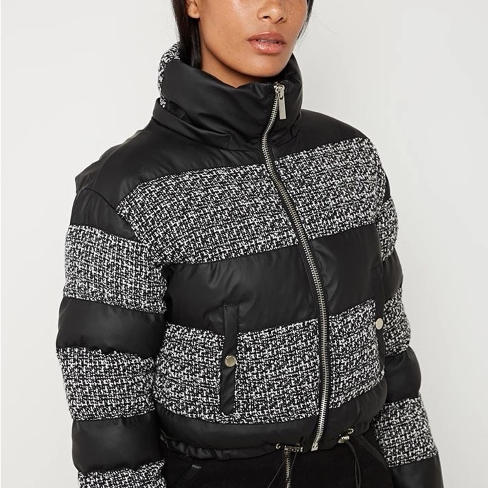Maniere De Voir Black and White Tweed-Panel Puffer Jacket